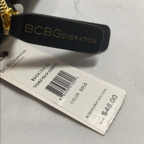 BCBGeneration New Double Pouch Cosmetic Bag Gold Metallic Black with White Dots - Picture 3 of 4